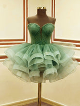A Line Green Tulle Short Prom Dress Birthday Party Dress Homecoming Dress