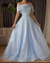 Baby Blue Off-Shoulders Prom Dress Floor Length with Sequins