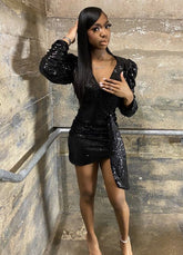 Black V Neck Sequins Short Party Dress 16th Birthday Homecoming Dress