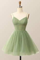 A Line Spaghetti Straps V Neck Short Above Knee Tulle Homecoming Dress