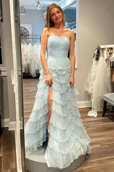 A Line Strapless Glitter Tulle Prom Dress with Layered Ruffle Skirt and Sequin Trim