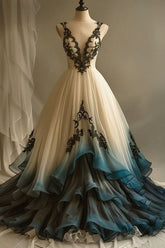 A-Line Deep V Neck Tulle Long Prom Dress Embroidered Applique Evening Dress