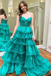 A-Line Strapless Keyhole Layered Floor Length Sweep Prom Dress, Slit