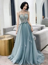 A-line Tulle Straps Long Blue Floor Length Party Dress, Blue Evening Dress Prom Dress