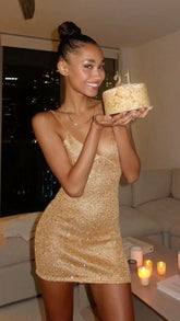 21st Birthday Strappy V Neck Gold Sequin Homecoming Dress