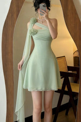 Beauty Homecoming Dress Light Green A Line One Shoulder Chiffon Short Birthday Party Dress Cocktail Dress