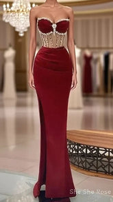 Beaded Burgundy Mermaid Formal Prom Dress
