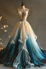 Elegant A-Line V-Neck Tulle Applique Long Prom Dress, Spaghetti Strap Vintage Evening Dress