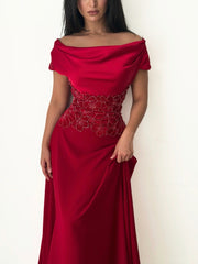 Charming Burgundy Off-the-Shoulder Prom Dress Sleeveless with Beading