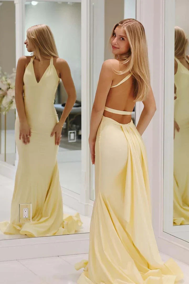 Charming Mermaid Deep V Neck Yellow Long Prom Dress with Backless