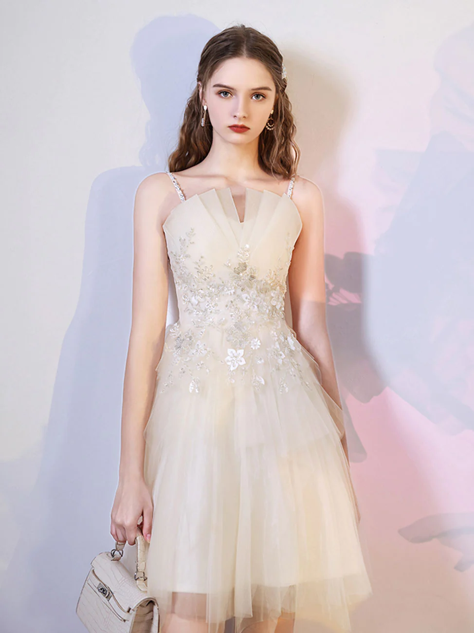 Champagne Tulle with Lace Short Homecoming Dress, A-line Tulle Short Prom Dress