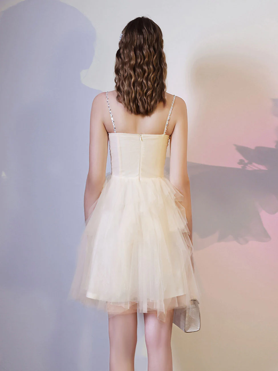 Champagne Tulle with Lace Short Homecoming Dress, A-line Tulle Short Prom Dress