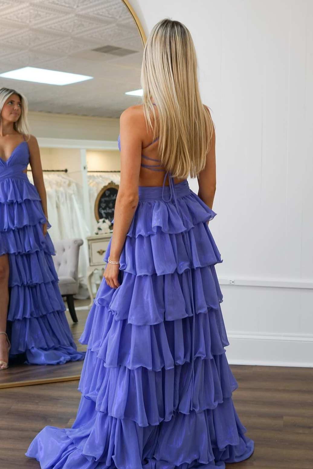 A-Line V-Neck Straps Tiered Ruffles Long Formal Prom Dress, Slit