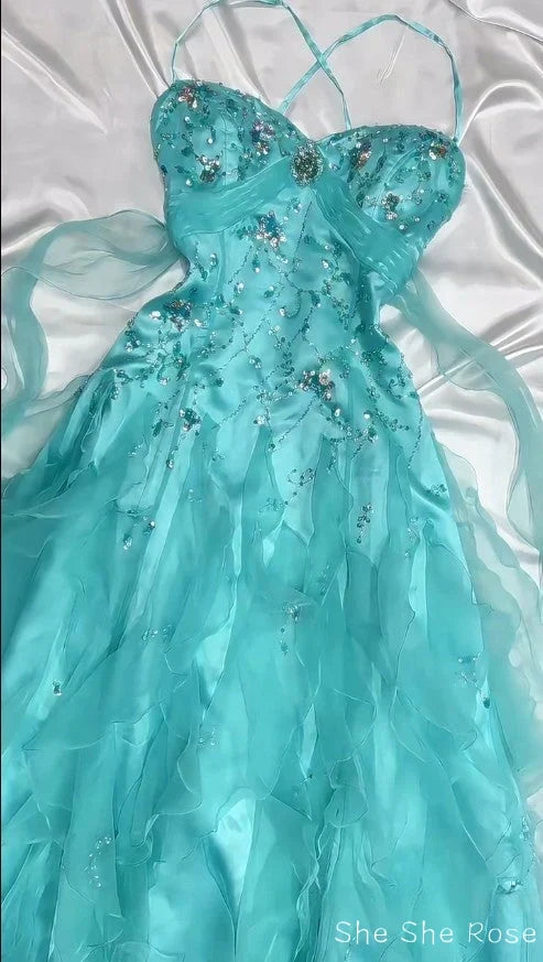 1950S Inspired Baby Princess Blue Prom Dress - Shimmering Sequins Tulle & Satin Ballgown For Formal Events