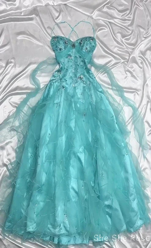 1950S Inspired Baby Princess Blue Prom Dress - Shimmering Sequins Tulle & Satin Ballgown For Formal Events