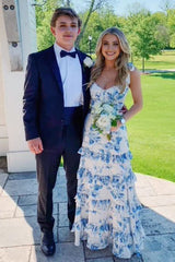 Beautiful A Line Sweetheart Blue Printed Long Prom Dress with Ruffles