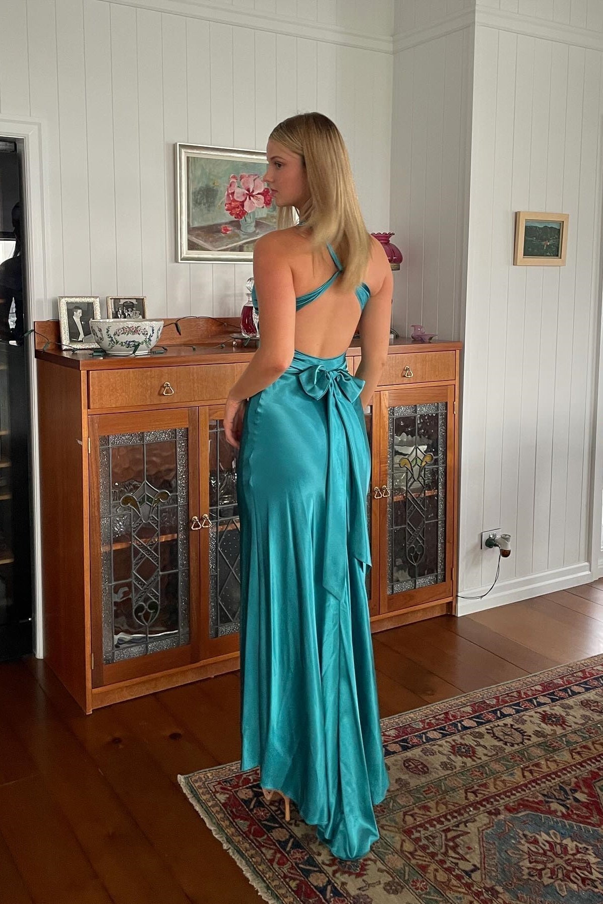 Chic Sheath Halter Neck Yellow Long Party Dress with Backless Bowknot