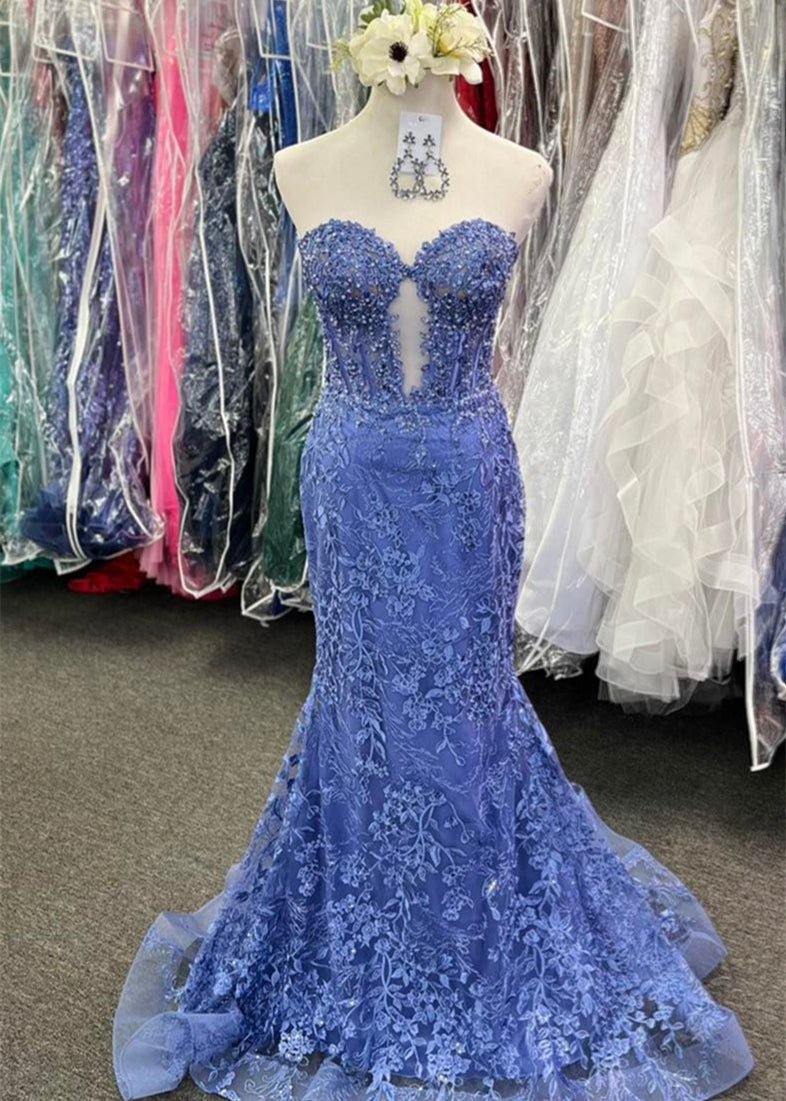 Black Sweetheart Lace Appliques Mermaid Long Prom Dresses