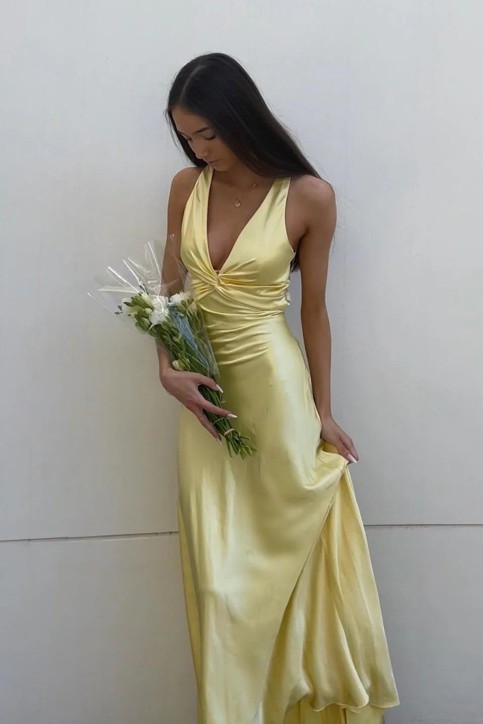 Chic Sheath Halter Neck Yellow Long Party Dress with Backless Bowknot