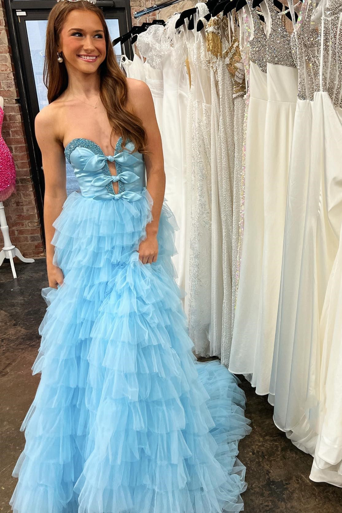 A-line Black Tulle Strapless Bow Ruffle Long Sweep Prom Dress, Slit