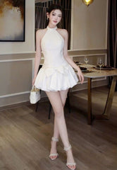A Line White Halter Short Prom Dress Birthday Party Dress Homecoming Dress