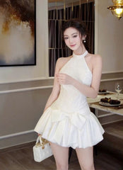 A Line White Halter Short Prom Dress Birthday Party Dress Homecoming Dress