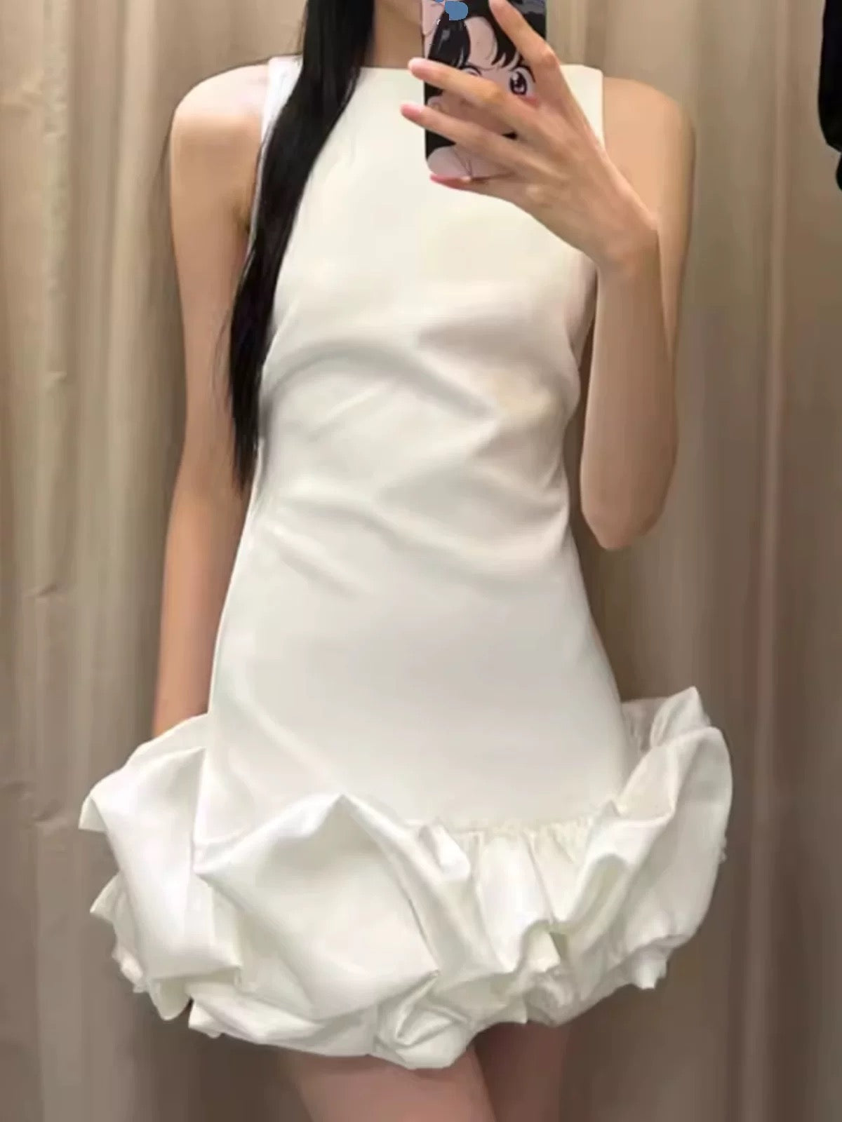 Cute White Sleeveless Satin Floral Skirt Homecoming Dress