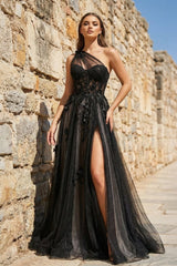 A Line One Shoulder Black Long Prom Dress with Appliques