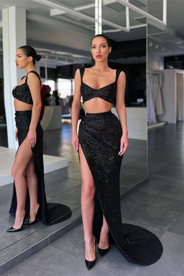 Black Two Pieces Mermaid Straps Sequin Prom Dress with