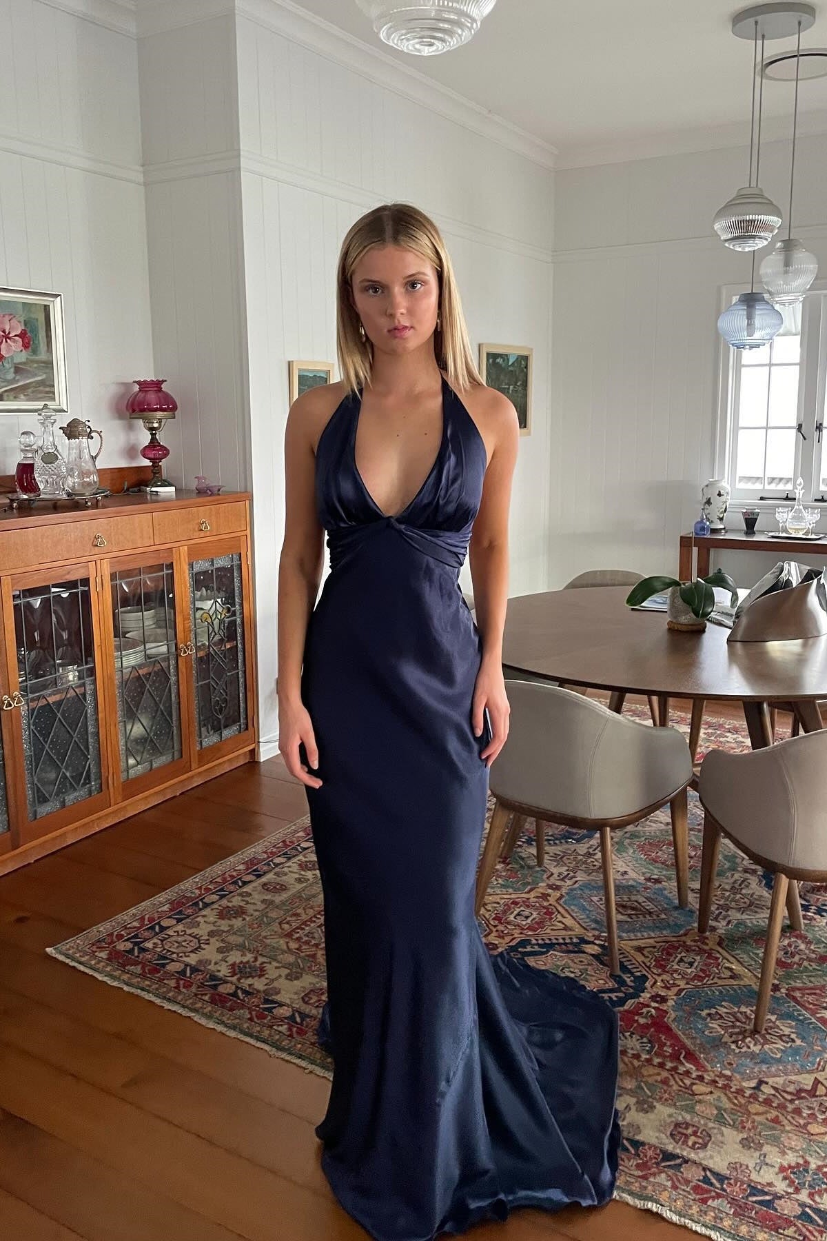 Chic Sheath Halter Neck Yellow Long Party Dress with Backless Bowknot
