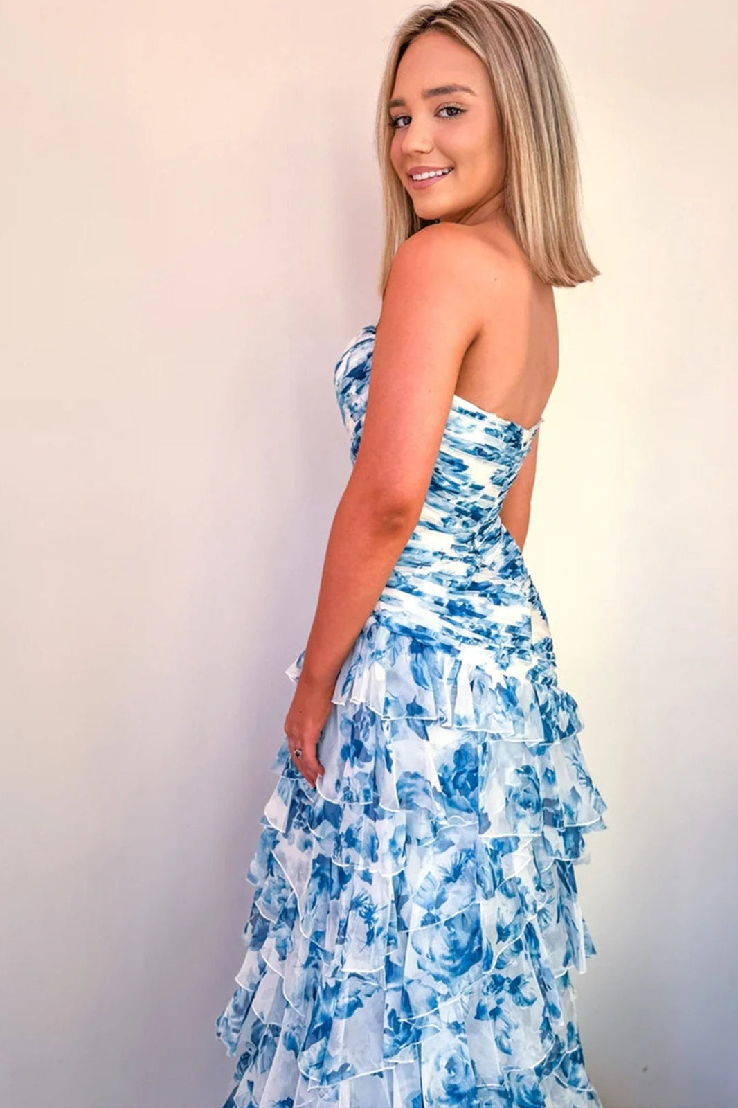 Chic Mermaid Sweetheart Pink Floral Printed Long Prom Dress with Ruffles