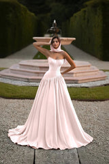 Elegant Baby Blue Strapless Prom Dress Sleeveless A-Line Floor Length Satin