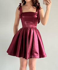 Beauty Homecoming Dress Satin A Line Burgundy Spahetti Straps Pleated Short Birthday Dress Cocktail Dress