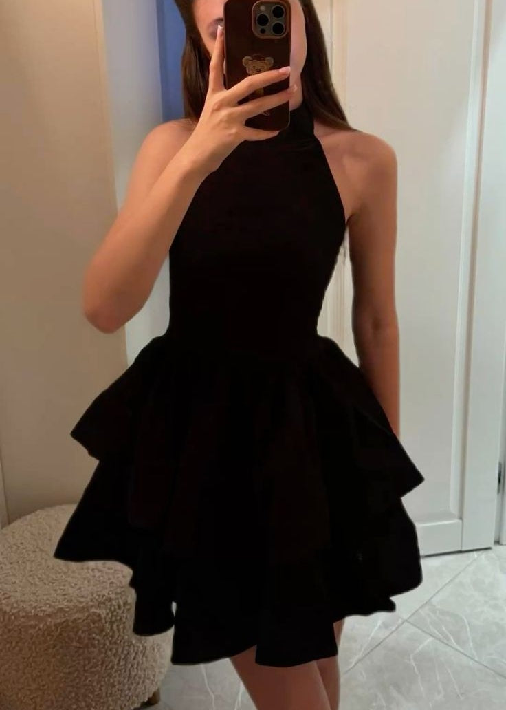 Elegant Homecoming Dress A Line Black Halter Cocktail Dress Short Birthday Dress