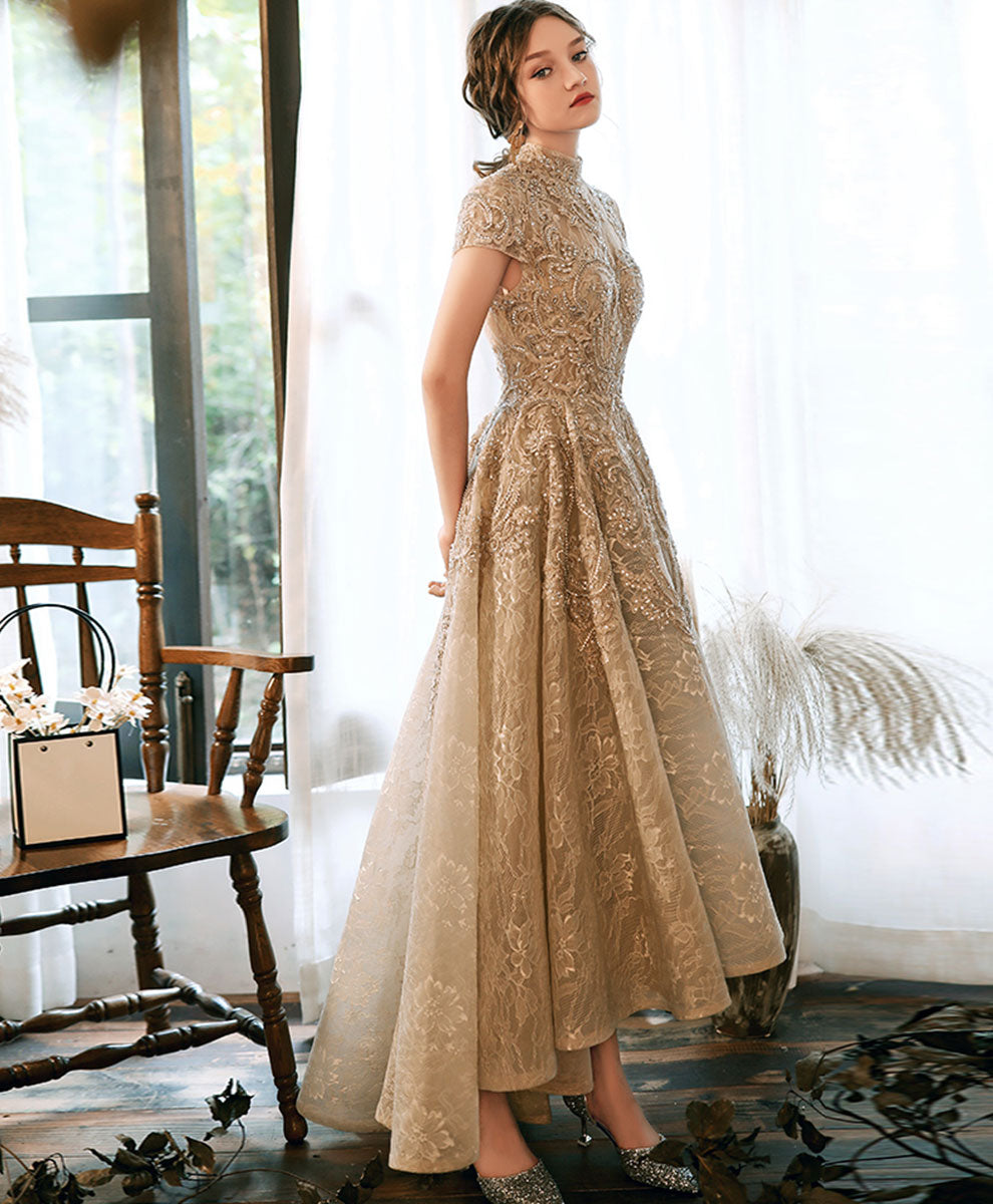 Champagne Lace High Low Short Sleeves Prom Dress, High Low Homecoming Dress