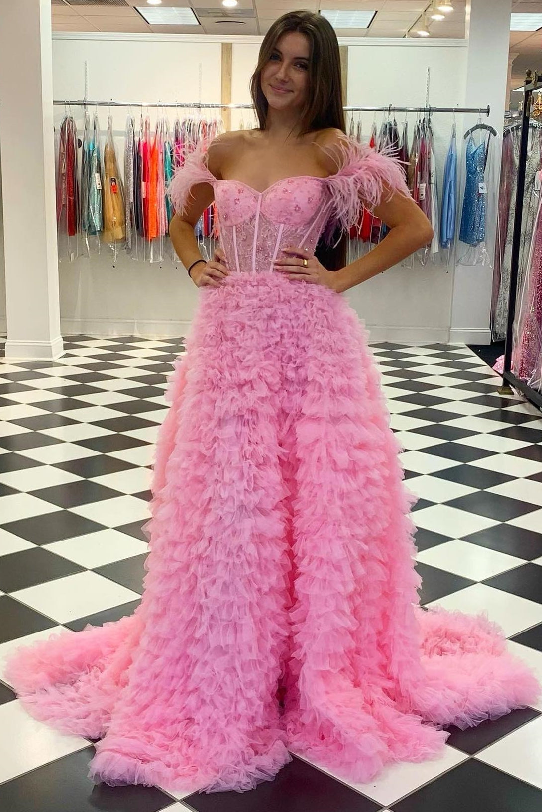 A-line Sweetheart Pink Off Shoulder Slit Bustier Feather Prom Gown