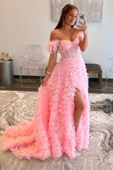 A-line Sweetheart Pink Off Shoulder Slit Bustier Feather Prom Gown