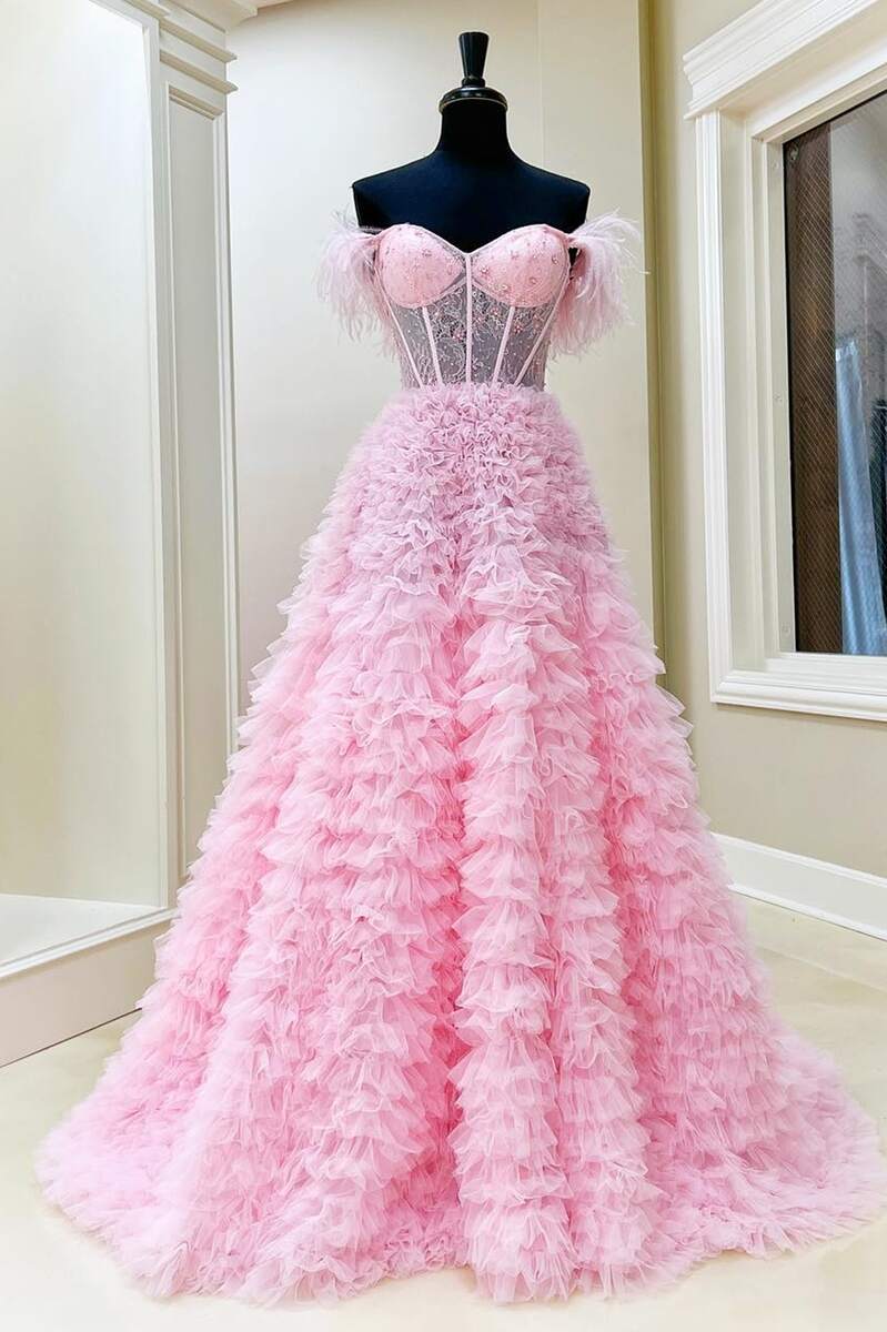 A-line Sweetheart Pink Off Shoulder Slit Bustier Feather Prom Gown