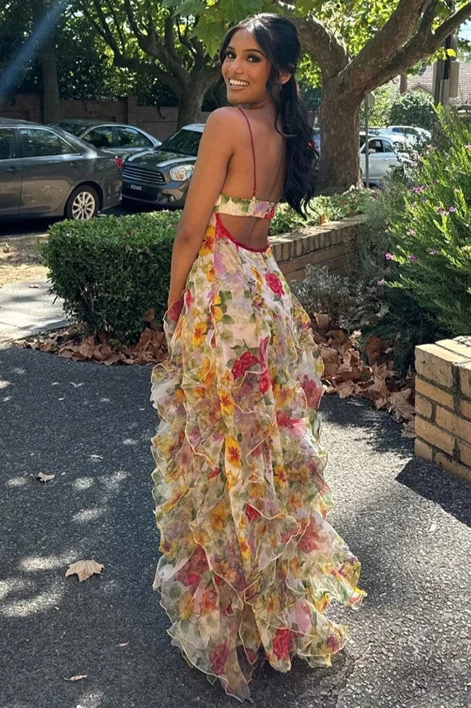 Chic A Line Spaghetti Straps Blue Floral Printed Long Party Dress