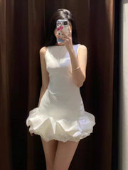 Cute White Sleeveless Satin Floral Skirt Homecoming Dress