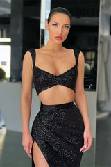 Black Two Pieces Mermaid Straps Sequin Prom Dress with