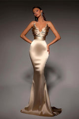 Champagne Strapless Deep V-Neck Mermaid Prom Dress with Pleated LX0115