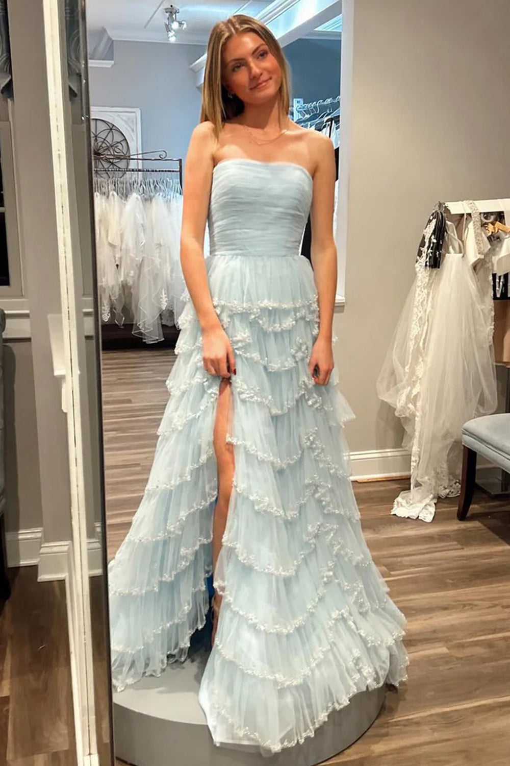 A Line Strapless Glitter Tulle Prom Dress with Layered Ruffle Skirt and Sequin Trim
