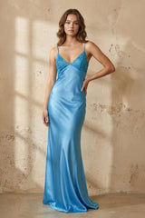Blue Spaghetti Straps Sheath Satin Long Prom Dresses With Appliques