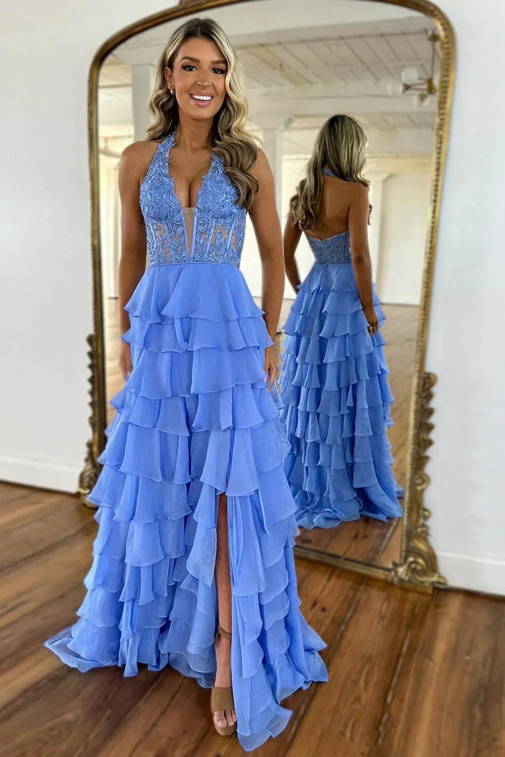 Blue Chiffon Prom Dress with A Line Shape Lace Top Halter Neck and Slit Accent