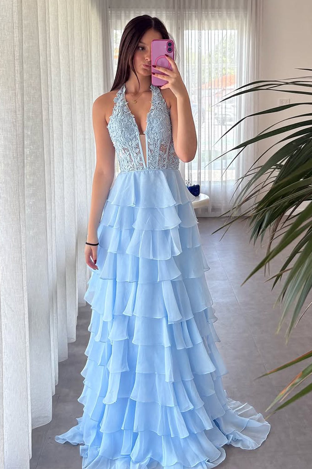 Blue Chiffon Prom Dress with A Line Shape Lace Top Halter Neck and Slit Accent