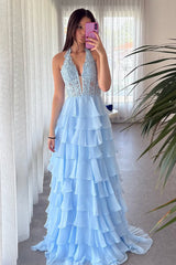 Blue Chiffon Prom Dress with A Line Shape Lace Top Halter Neck and Slit Accent