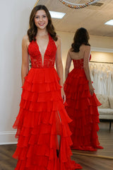 Blue Chiffon Prom Dress with A Line Shape Lace Top Halter Neck and Slit Accent