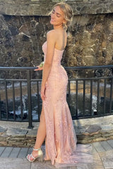 Blush Pink Mermaid Prom Dress with Strapless Lace Bodice and Applique Details