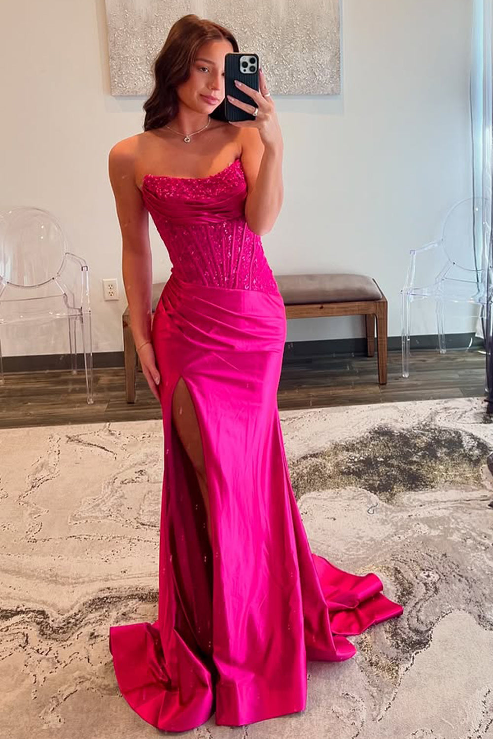 Charming Satin Mermaid Prom Dress in Fuchsia with Strapless Lace Top and Slit